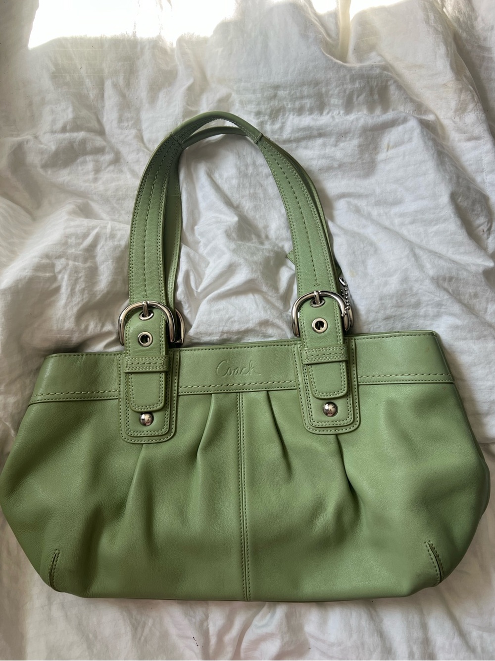 Coach Light Green Leather Shoulder Bag with Dual Straps